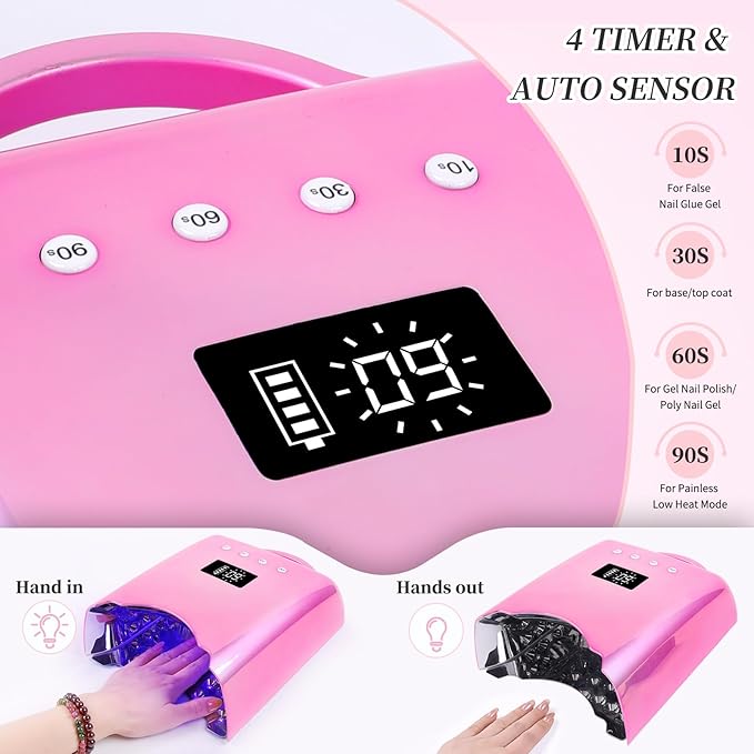 Professional UV LED Nail Lamp, Cordless Rechargeable UV Light for Gel Nails, 78W Fast Curing Gel Nail Light with 4 Timer Setting LCD Display, Auto Sensor and Spacious Interior(Metallic Pink)