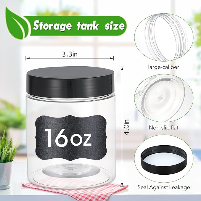 36PCS16OZ Plastic Jars with Screw On Lids, Pen and Labels Refillable Empty Round Slime Cosmetics Containers for Storing Dry Food, Makeup, Slime, Honey Jam, Cream, Butter, Lotion (matte black)