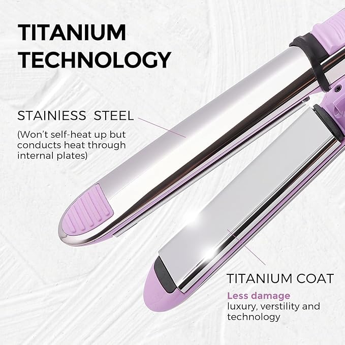 2-in-1 Titanium Ionic Flat Iron,Professional Hair Straightener & Curler, Fast Heating, Dual Voltage, Pink, for All Hair Types
