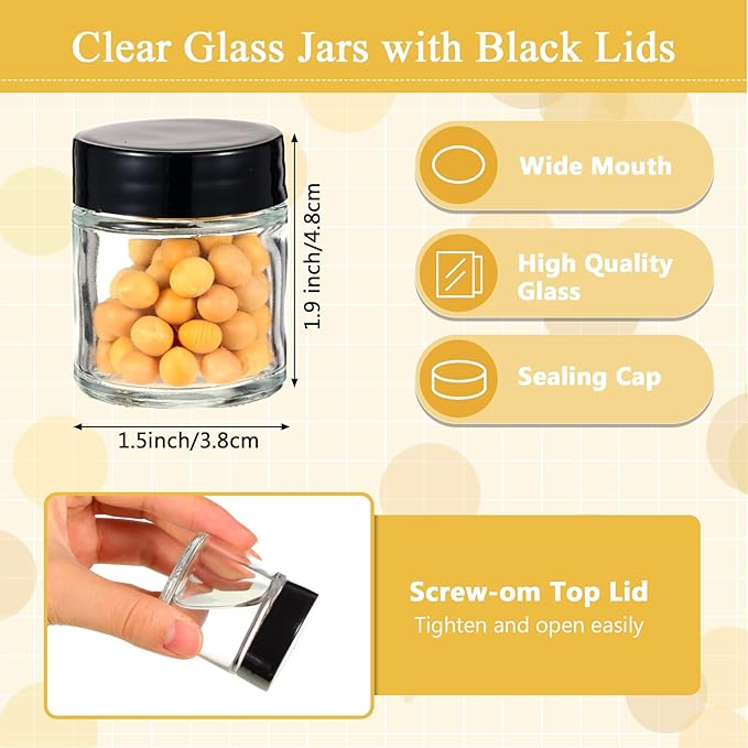 Aoriher 60 Pieces Glass Jars with Lids Clear Small Mason Empty Round Spice Wide Mouth Canning Storage Refillable Cosmetic Containers for Lotions Cream Powders (1 oz) clear and black HS-Aoriher-23870