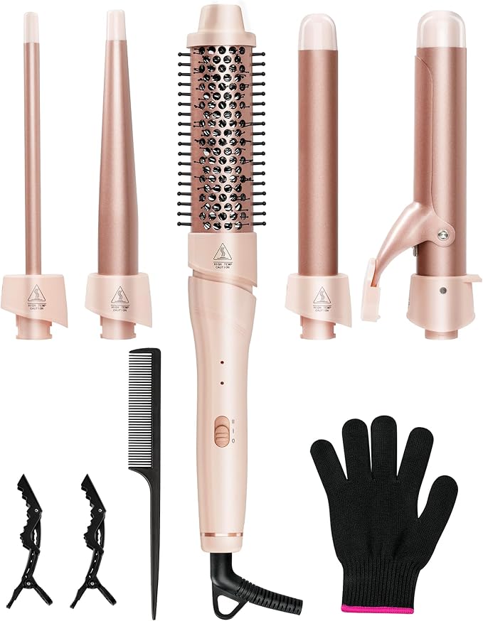 ANIEKIN 5 in 1 Curling Iron Set, Fast Heat Up Curling Wand from 3/8 to 1 1/4 Inch and a Thermal Brush Come with, Dual Voltage Hair Curler for Women All Hair Types and Travel Use, Gifts for Women,Pink