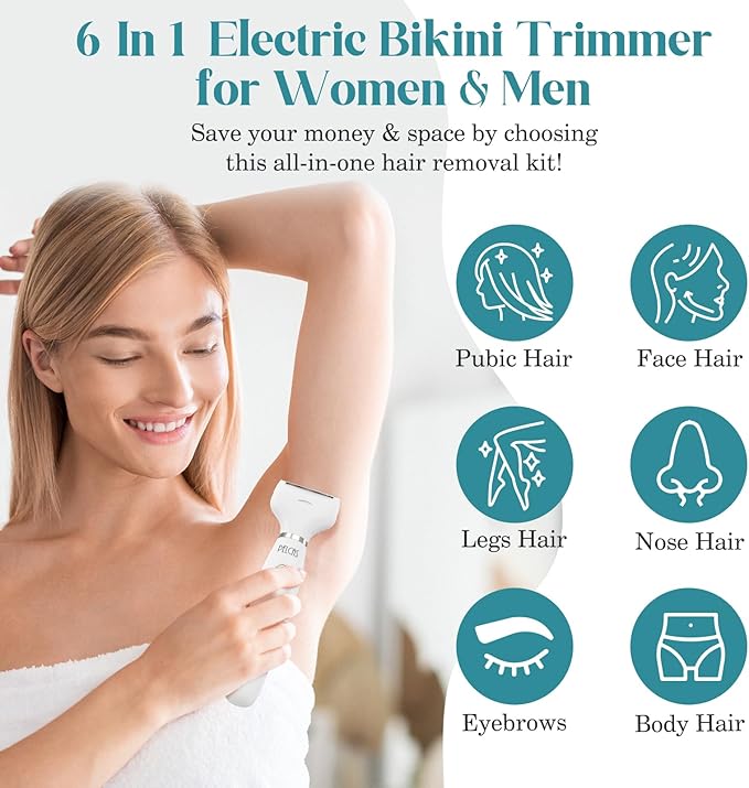 PELCAS Bikini Trimmer for Women Kit 6 in 1 Electric Shaver, Cordless Razors, Nose Hair Trimmer, Shaver for Women & Men Pubic Hair, Private Area, Legs, Face, Nose, Eyebrow, Body Hair Removal