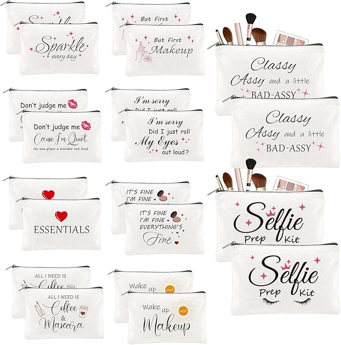 20PCS Make Up Bags Bulk Funny Canvas Cosmetic Bag Inspirational Toiletry Bags Bulk Makeup Pouches for Women Double Sided Printing Bulk Travel Pouch Bulk Gifts for Women Sister Employee