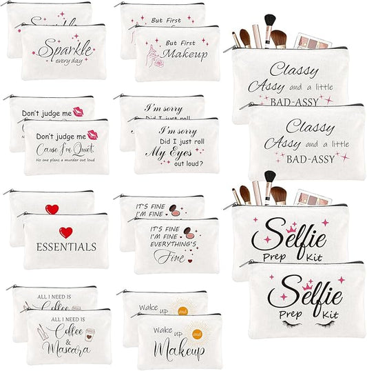 20PCS Make Up Bags Bulk Funny Canvas Cosmetic Bag Inspirational Toiletry Bags Bulk Makeup Pouches for Women Double Sided Printing Bulk Travel Pouch Bulk Gifts for Women Sister Employee