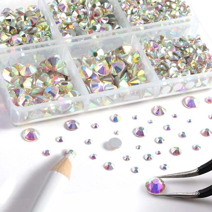 Beadsland 8300PCS Flatback Rhinestones, AB Crystal Rhinestone Round Crystal Rhinestones for Crafts, Mixed 10 Sizes with Wax Pencil and Tweezer Kit, SS3-SS30, Crystal AB