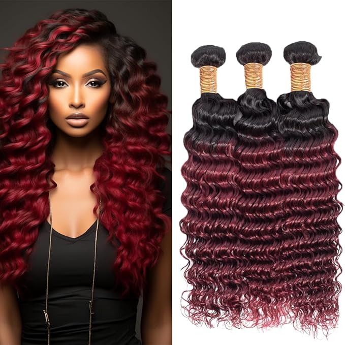 1B99j Loose Deep Curly Weave Bundles Ombre Burgundy Deep Wave Bundles Black and 99j Human Hair two tone Brazilian Human Hair Wet and Wavy for Women 22 24 26 Inch