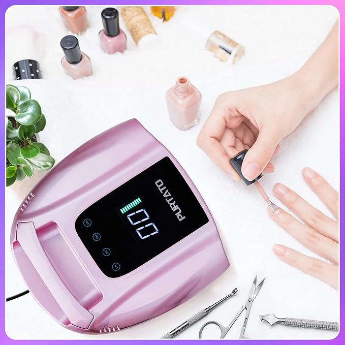 Professional Rechargeable 96W UV LED Portable Cordless UV Light for Nail Lamp Machine with Removable Stainless Steel Bottom,4 Timer Setting and Smart Sensor Nail Dryer (Plating Pink)