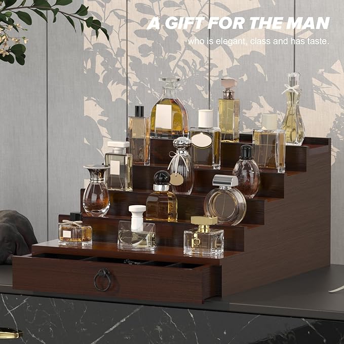 Cologne Organizer for Men, 5 Tier Cologne Shelf, Perfume Stand with Drawer and Hidden Compartment Perfume Display Holder - A Gift for Men
