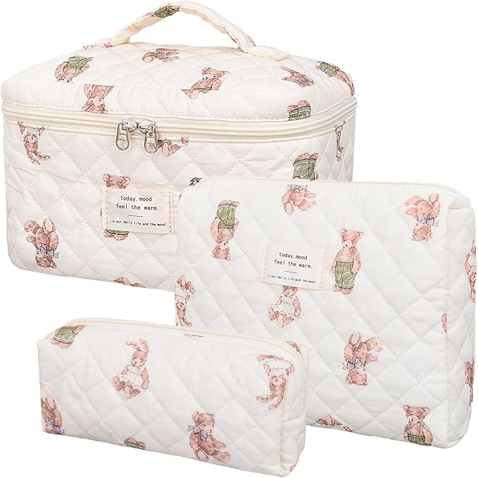 Quilted Makeup Bag,Large Cosmetics Bag Set,Cotton Coquette Floral Make up Pouch,Travel Toiletry Bag for Women