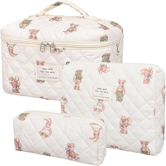 Quilted Makeup Bag,Large Cosmetics Bag Set,Cotton Coquette Floral Make up Pouch,Travel Toiletry Bag for Women