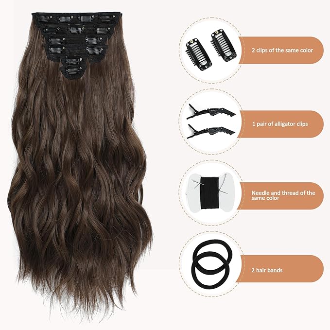 Clip in Hair Extensions for Women - 20 Inch Long Wavy Brown Extensions, 6PCS Chestnut Hairpieces that Blend Naturally with Your Real Hair (20 Inch, Chestnut)
