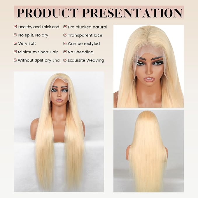 613 Lace Front Wig Human Hair Blonde 42 Inch 13x4 Straight 200 Density Pre-Plucked HD Lace Frontal Wig with Baby Hair (Natural Hairline for Women)