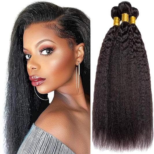 Color 1B Human Hair Bundles Kinky Straight Natural Color Human Hair Yaki Straight Bundles Brazilian Soft and Silky for Black Women 24 26 28 Inch