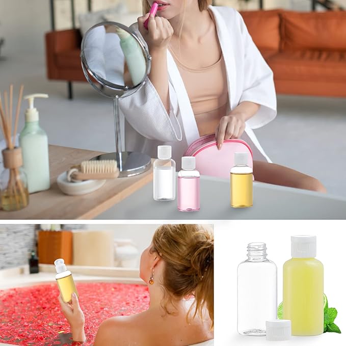 100 Pack 1.7oz Plastic Empty Bottles with Flip Cap Small Travel Size Bottles Hand Sanitizer Bottles Refillable Travel Container for Shampoo Body Soap Lotions Baby Shower (Clear)