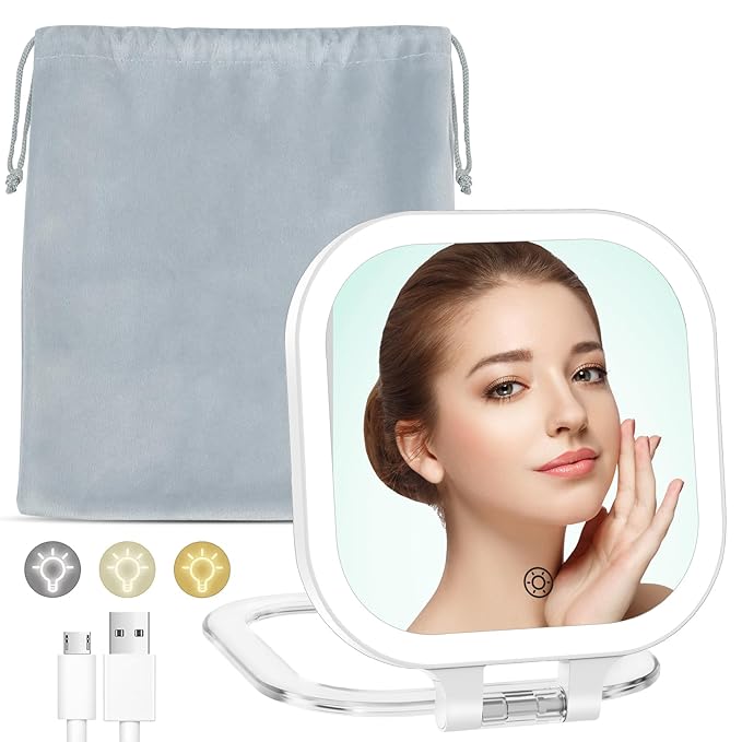 FASCINATE 10X Magnification Rechargeable Travel Makeup Mirror, Lighted Portable Vanity Mirror with 3 Colors Lighting & Stepless Dimming, Double Sided LED Mirror, Gift for Women (White+Bag)