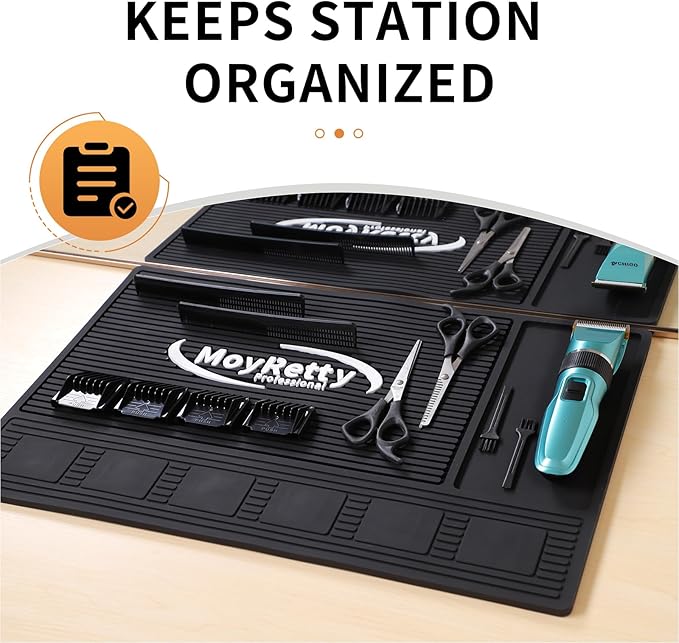 MoyRetty Magnetic Barber Mat for Clippers, (18.9" x 12.6") 6 Strong Magnetic Organizer Stations for Heavy Clippers and Trimmers, Professional Barbers Anti-Skid Rubber Mat(Black)