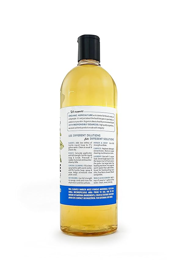 Vermont Castile Unscented Gentle Liquid Soap for Sensitive Skin, Natural Body Wash, Organic Hair Shampoo for Oily Hair, Aloe for Men & Women - 33.8 Oz