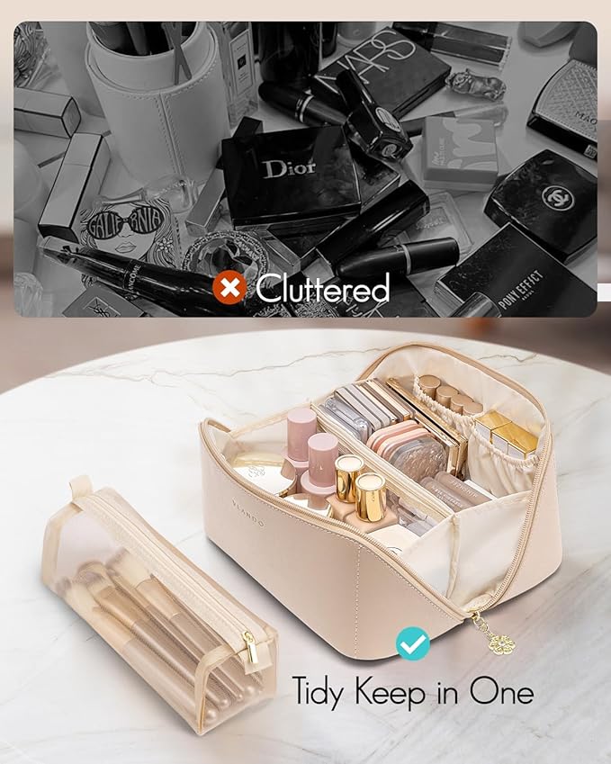 Vlando Makeup Organizer Bag,Mothers Day Gifts,Travel Makeup Bag for Women Waterproof Portable Make up Bag PU Leather Open Flat Cosmetic Bag for Travel Essentials, Gifts for Women(Toffee)