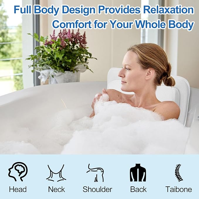 Full Body Bath Pillow for Bathtub, Thick Bath Pillow for Tub with Non-Slip Suction Cups, Bathtub Cushion with Pillow, Luxury Tub Pillow for Bath, Headrest Neck and Back Support, 5D Air Mesh