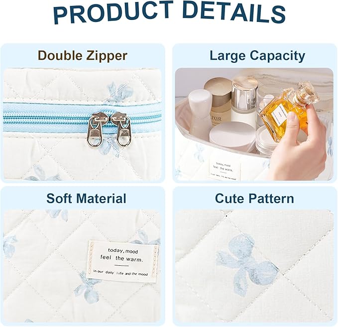 3Pcs Makeup Bag Cotton Quilted Travel Cosmetic Bag Cute Floral Makeup Pouch Large Toiletry Bag for Women Girls (Bow-Blue)