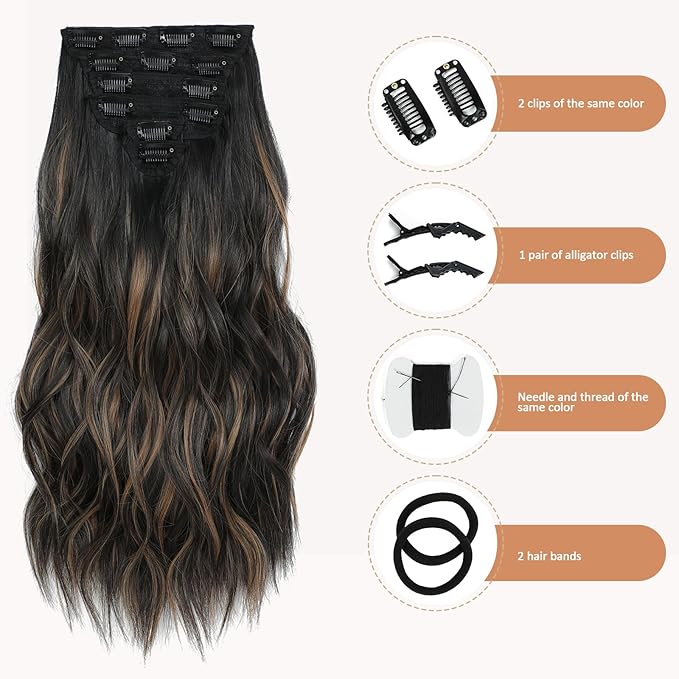 Clip in Hair Extensions for Women - 20 Inch Long Wavy Brown Extensions, 6PCS Hairpieces that Blend Naturally with Your Real Hair (20 Inch, Ombre Natural Black to Chestnut Brown Highlights)