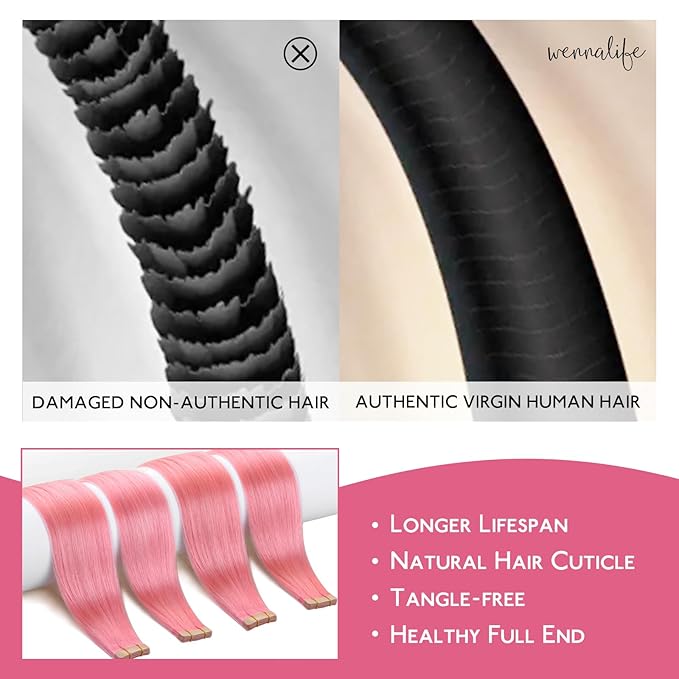WENNALIFE Tape in Hair Extensions, Human Hair, Peach Pink, 10pcs 30g, 22 inch Remy Invisible Tape, Straight, Colored, Soft, Real Human Hair Refill Set