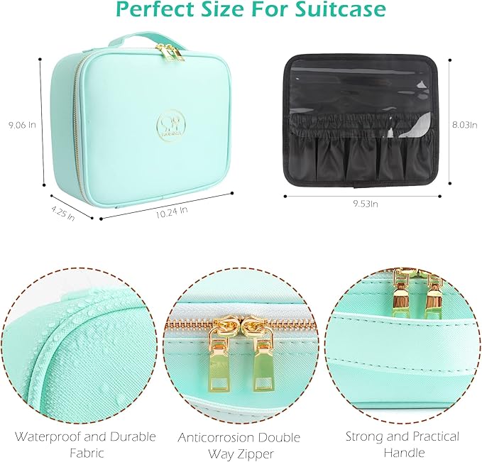 MOMIRA Travel Makeup Bag Cosmetic Bag Makeup Organizer Bag with Lighted Mirror, Adjustable Brightness in 3 Color Scenarios, Waterproof Makeup Train Case, Gift for Women - Green