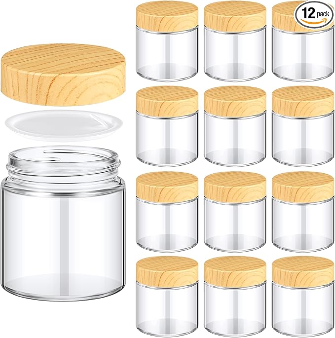 Norme 12 Pcs Glass Jars with Lids Empty Small Glass Containers and Inner Liners Reusable Cosmetic Jars Round Airtight Bottles with Plastic Woodgrain Lids for Travel (4oz)