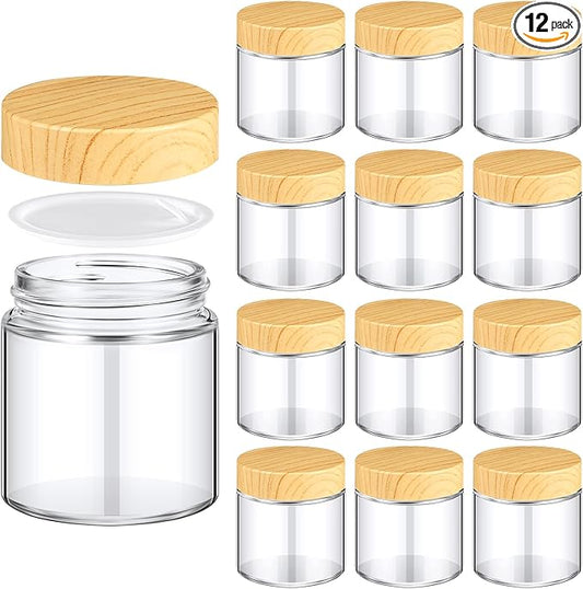 Norme 12 Pcs Glass Jars with Lids Empty Small Glass Containers and Inner Liners Reusable Cosmetic Jars Round Airtight Bottles with Plastic Woodgrain Lids for Travel (4oz)