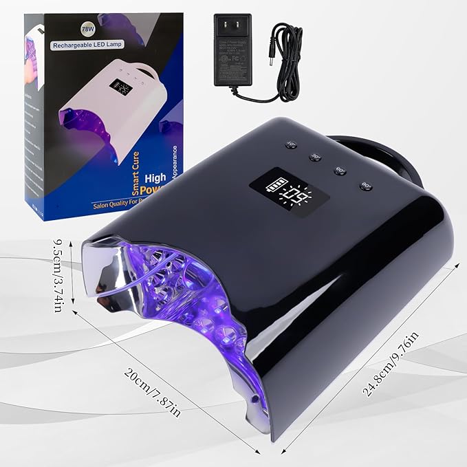 Professional UV LED Nail Lamp, Cordless Rechargeable UV Light for Gel Nails, 78W Fast Curing Gel Nail Light with 4 Timer Setting LCD Display, Auto Sensor and Spacious Interior(Black)