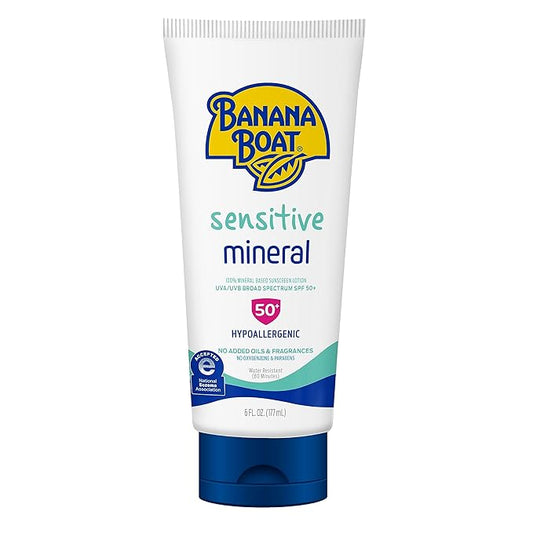 Banana Boat Sensitive 100% Mineral Sunscreen Lotion SPF 50, 6oz | Body Sunscreen, Sensitive Skin Sunblock, Oxybenzone Free Sunscreen, Banana Boat Mineral Sunscreen SPF 50, 6oz