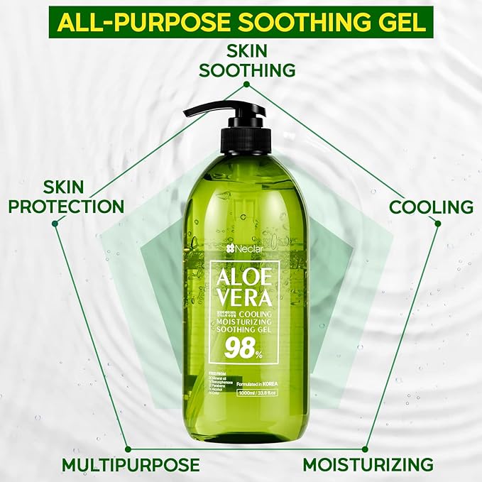 98% Aloe Vera Gel for Face, Skin and Hair - 33.8oz / 1000ml - Pure Aloe Vera Gel for Sunburn Relief - After Sun Care - Sun Burn Moisturizer (33.8 Fl oz)