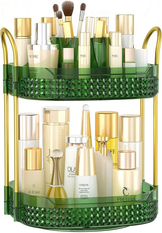360° Rotating Makeup Organizer 2 Tier, Large Skincare Clear Make Up Storage Spinning Perfume Organizers for Bathroom Counter Dresser, Green