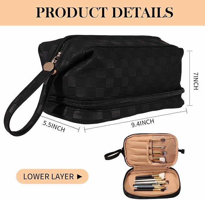 Abiudeng Large Capacity Makeup Bag Ladies Cosmetic Bag Travel Bag with Compartments Portable PU Leather Travel Makeup Bag with Handle