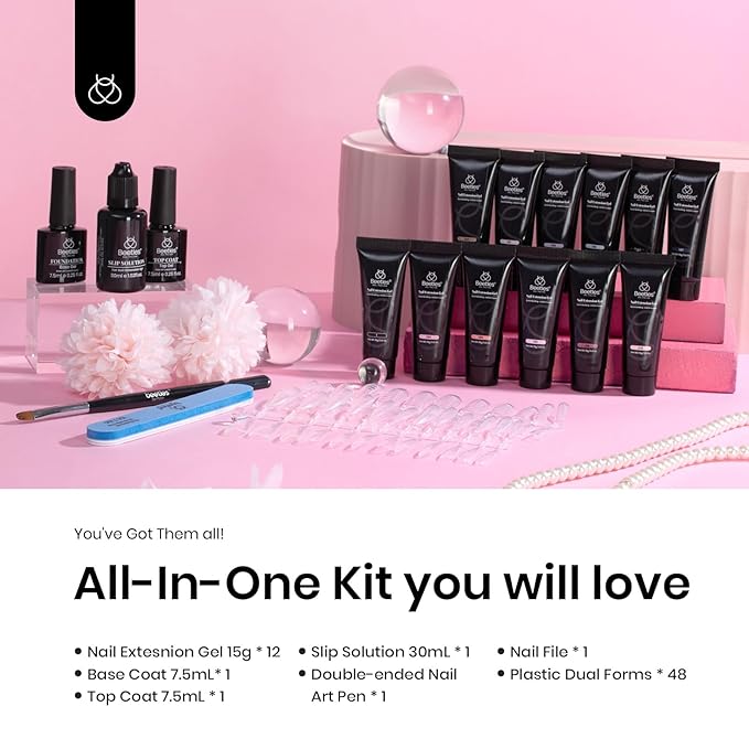 beetles Gel Polish 12 Colors Poly Nail Extension Kit Clear Jelly White Glitter Nude Pink Builder Manicure Enhancement Starter Set Need Cure UV Led Nail Lamp Balletcore Collection All-in-One Nail Art