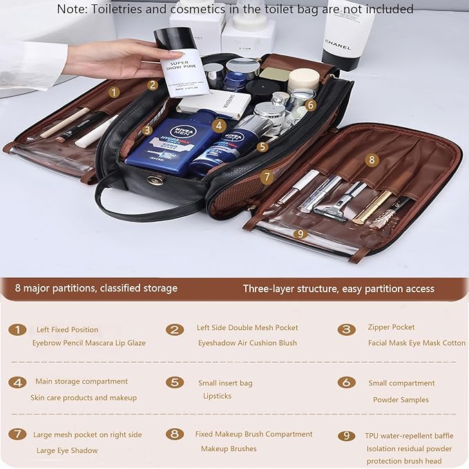 Travel Toiletry Bag for Women PU Leather Triple-layer Double Zipper Toiletry Bags,Waterproof with Handle Mens Toiletry Bag Stowable Brushes, Toiletries Makeup for Business Trips Camping Bathroom Black