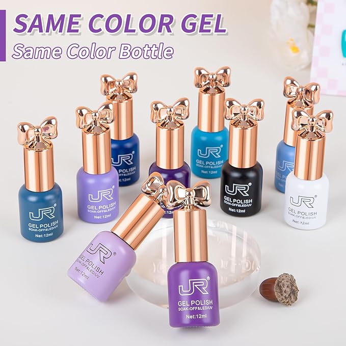 JR Violet Gel Nail Polish Set 10 Colors 0.4floz Butterfly Bottle Semi Cured Long Lasting Vegan Chip-Resistant Long-Lasting Soak off Gel Polish Gifts for Women F Model