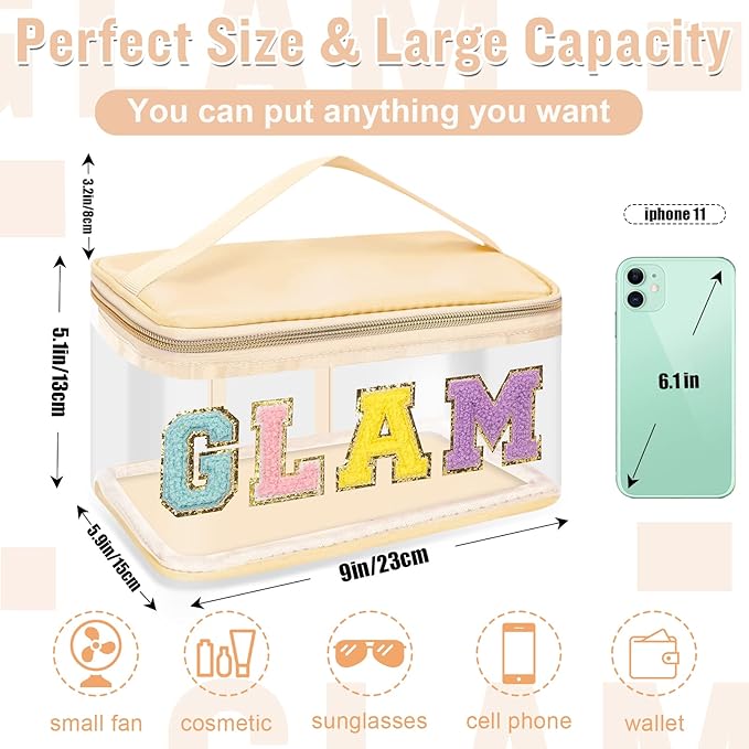 Chenille Letter Clear Makeup Bags Glam Pouch, Preppy Patch Makeup Bag Zipper with Handle, Transparent PVC & Nylon Waterproof Glitter Cosmetic Handbag Travel Toiletry Storage for Women Girl(GLAM-Beige)