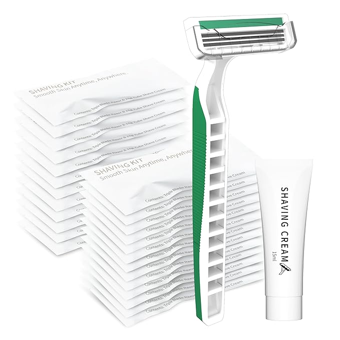 50 Pack 3 Blades Shave Razor kit in Bulk Pivoting Head with Protective Guard 15g Cream Individually Wrapped Paper Bag for Hotel,Airbnb, Homeless,Shelter Camping Travel On The Go