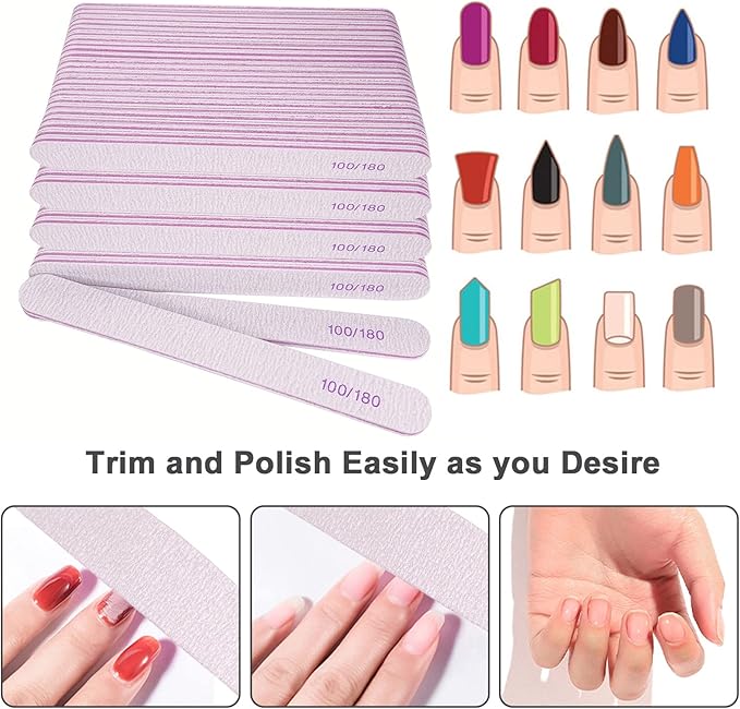 Nail File (100 Pcs), Bulk Emery Board Nail Files for Acrylic Nails and Natural Nails, 100/180 Grit Double Sided Emory Boards for Gel Nail Professional Reusable Washable Manicure Pedicure Kit Set Gray