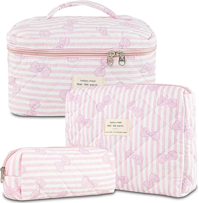 3Pcs Quilted Makeup Bag, Cute Floral Cotton Cosmetic Bag set, Coquette Bow Makeup Pouch Large Travel Toiletry Bag