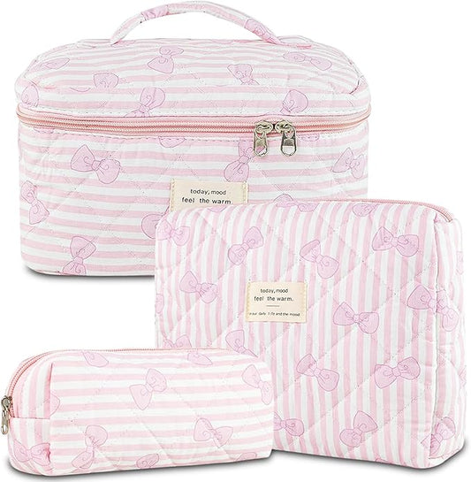 3Pcs Quilted Makeup Bag, Cute Floral Cotton Cosmetic Bag set, Coquette Bow Makeup Pouch Large Travel Toiletry Bag