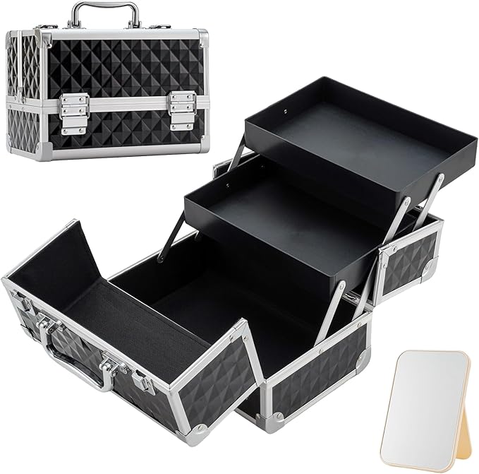 Leeora&Leekoo Makeup Train Case Cosmetic Box Portable Makeup Case Organizer 2 Trays Makeup Storage with Mirror for Cosmetologist Aesthetic Supplies Nail Tech Traveling Makeup Box (Watercube)