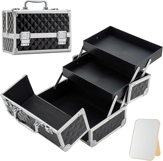 Leeora&Leekoo Makeup Train Case Cosmetic Box Portable Makeup Case Organizer 2 Trays Makeup Storage with Mirror for Cosmetologist Aesthetic Supplies Nail Tech Traveling Makeup Box (Watercube)
