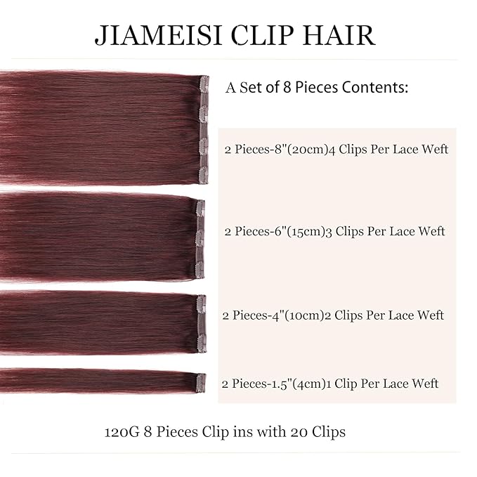 Clip in Real Human Hair Extensions,120g #99j Wine Red Full Head 14inch 8pcs 20clips Straight Human Hair Clip In Extensions for Women Burgundy Red Hair Extensions
