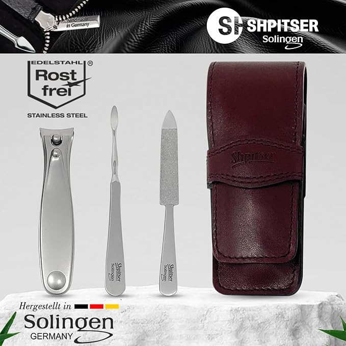 Shpitser Solingen Luxuries TopInox Surgical Stainless Steel German Hand Sharpened Manicure Pedicure Travel Set Grooming kit In Italian Leather Case Made in Solingen Germany (Dark Drown)