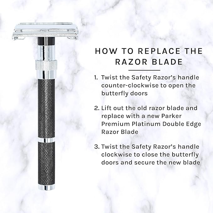 Parker, 96R Graphite Gray Long Handle Butterfly Open Double Edge Safety Razor for Men, 5 Parker Premium Platinum Double Edge Razor Blades Included