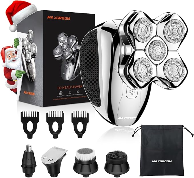 Head Shavers for Bald Men, MAXGROOM 5 in 1 Waterproof Head Razor for Men with LED Display, Travel Pouch, USB Rechargeable & Magnetic Detachable, Silver