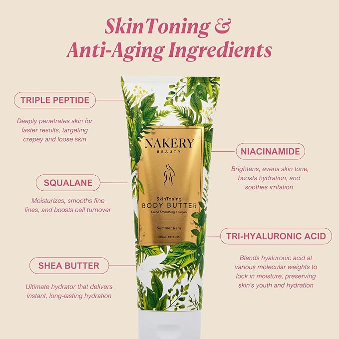 Nakery Skin Toning Body Butter for Women - Firming Body Lotion for Women - Peptide Infused Body Lotion for Crepey & Sagging Skin - Skin Firming Lotion for Neck, Arms & Legs - Summer Rain