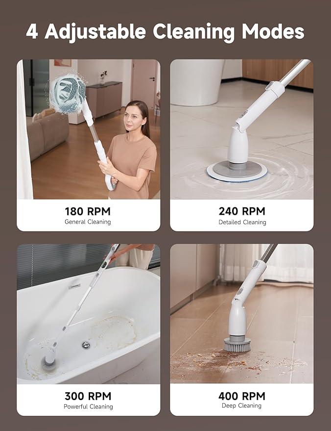 HiCOZY Electric Spin Scrubber HS1 Pro, Shower Scrubber with 2024 New Upgraded Voice Prompt LED Smart Display, Cleaning Brush with 4 Adjustable Speeds, 6 Replaceable Brush Heads Light White